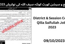 ضلع و سیشن کورٹ کوئٹہ سیف اللہ کی نوکریاں 2023