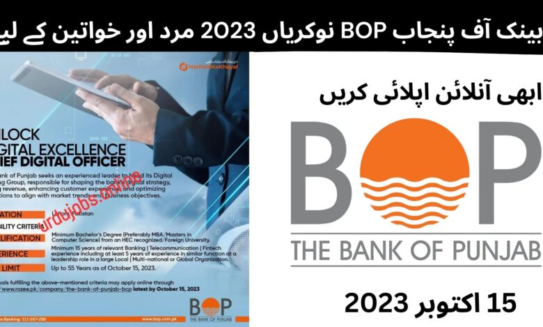 بینک آف پنجاب BOP نوکریاں 2023 مرد اور خواتین کے لیے: ابھی آنلائن اپلائی کریں